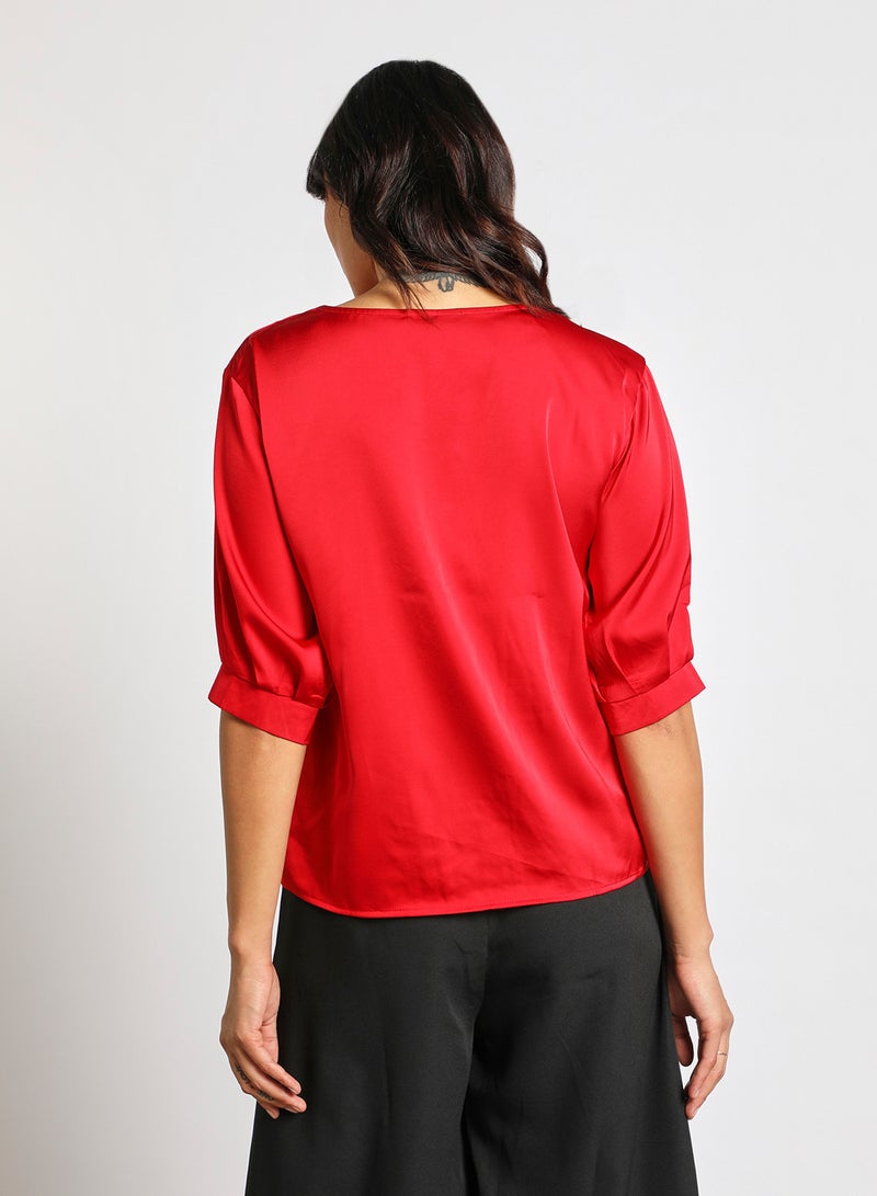 Aila Women's Casual Half Sleeve Polyester Slim Fit Shirt With V-Neck Red - Image 3