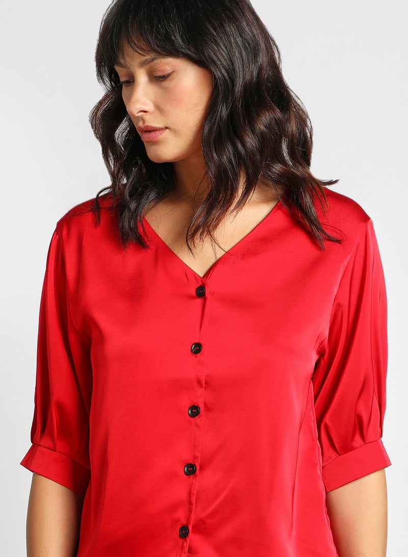 Aila Women's Casual Half Sleeve Polyester Slim Fit Shirt With V-Neck Red - Image 4