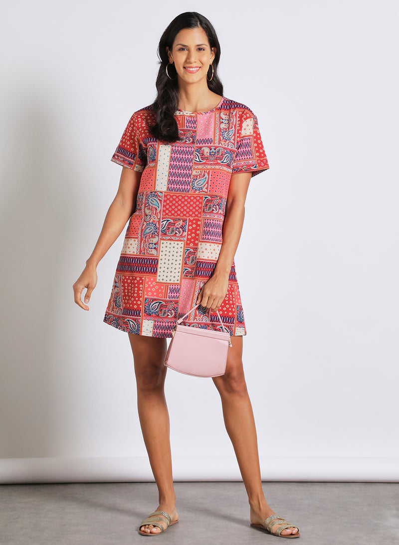 Aila Women's casual knee length short sleeve kint dress Red Combo  - Image 2