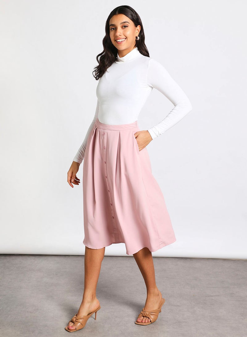 Aila - Women's Casual Calf Length Solid Skirt With Button False Placket Pink - Image 1