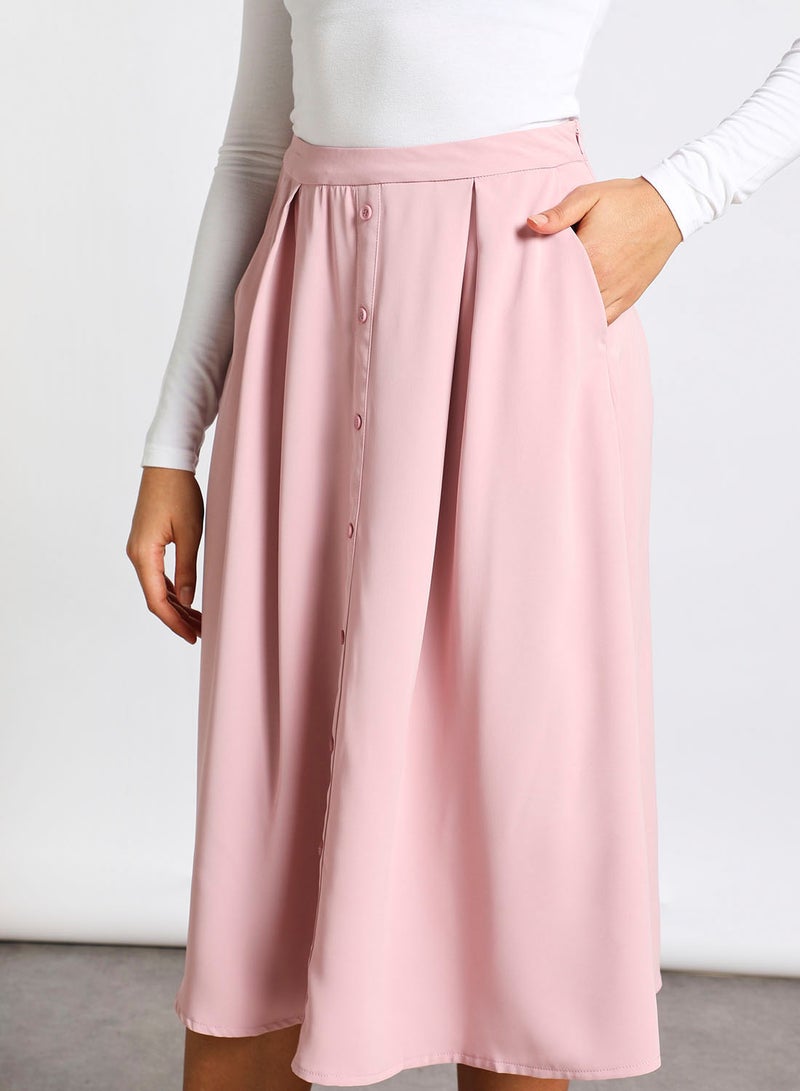 Aila - Women's Casual Calf Length Solid Skirt With Button False Placket Pink - Image 1