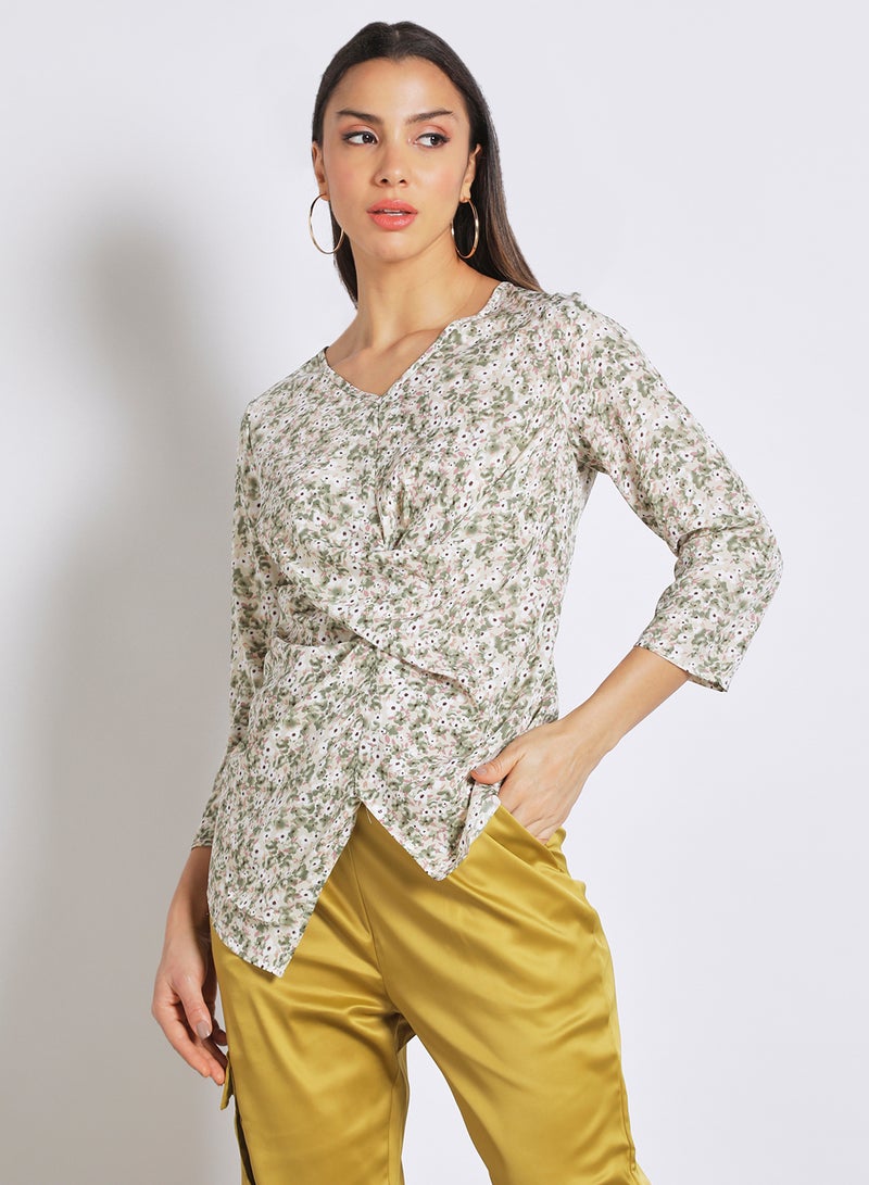 Aila Women's Casual V Neck Long Sleeve Print Top With Back Zipper Green Floral - Image 1