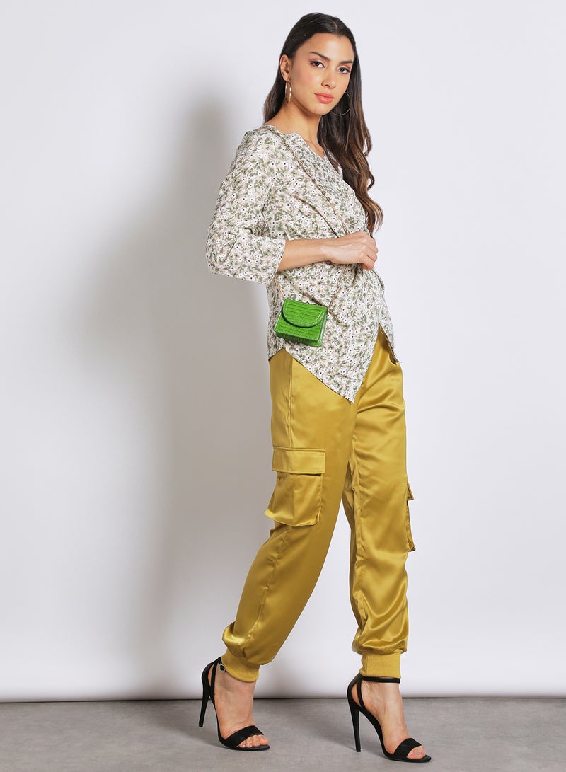 Aila Women's Casual V Neck Long Sleeve Print Top With Back Zipper Green Floral - Image 2