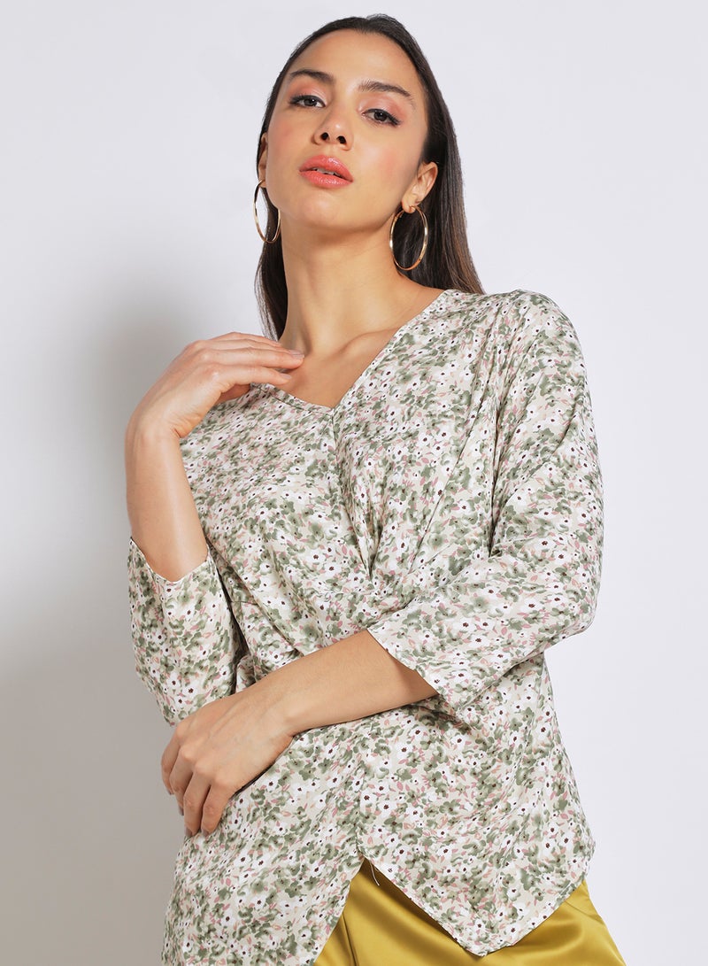 Aila Women's Casual V Neck Long Sleeve Print Top With Back Zipper Green Floral - Image 4