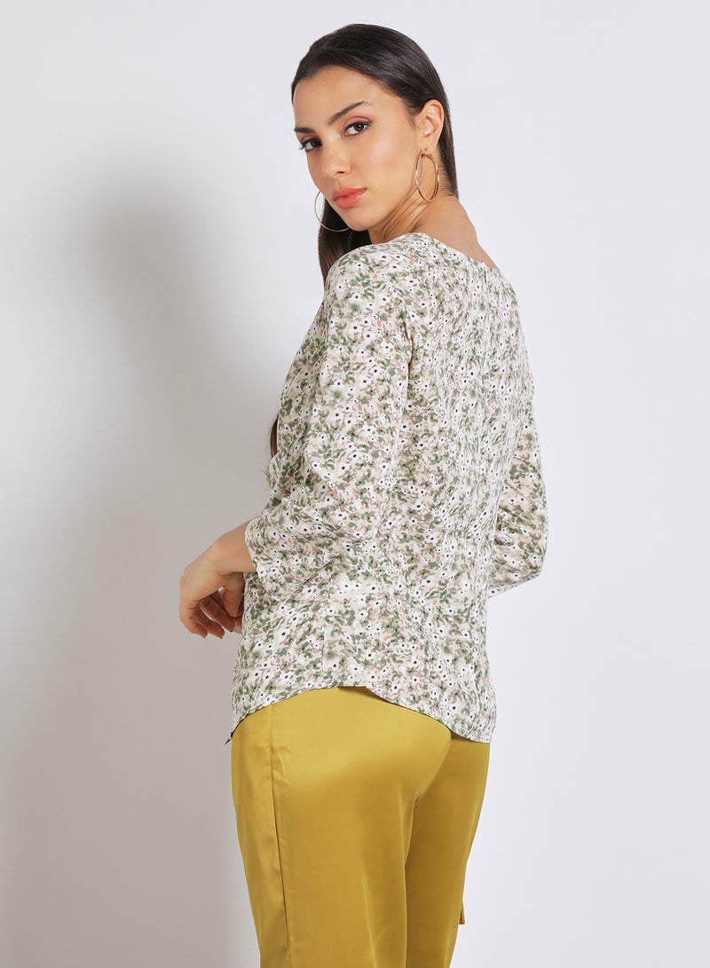 Aila Women's Casual V Neck Long Sleeve Print Top With Back Zipper Green Floral - Image 3