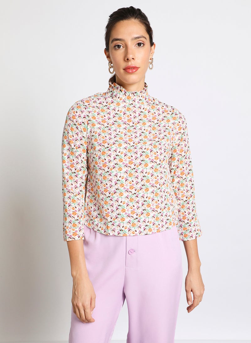 Aila Women's long sleeve Tops with High collar Apricot Print - Image 1