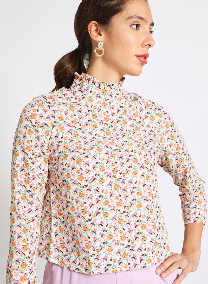 Aila Women's long sleeve Tops with High collar Apricot Print - Image 4