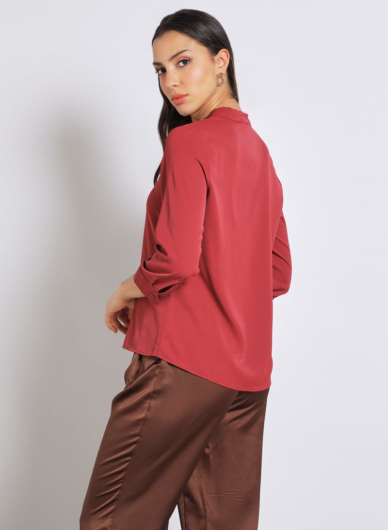 Aila Women's Casual Three Quarter Sleeves Blouse With Tie Detail At Collar Dark Red - Image 3