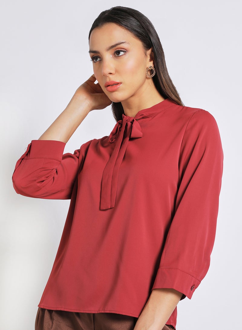 Aila Women's Casual Three Quarter Sleeves Blouse With Tie Detail At Collar Dark Red - Image 4