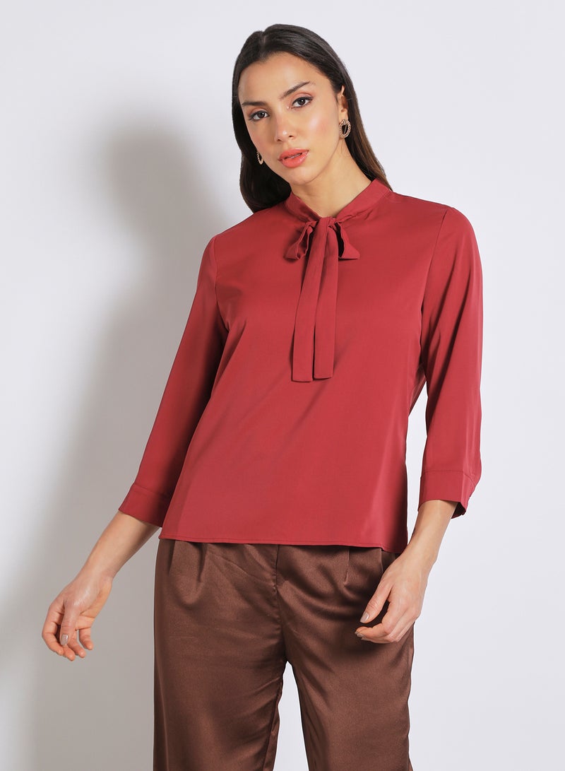 Aila Women's Casual Three Quarter Sleeves Blouse With Tie Detail At Collar Dark Red - Image 1
