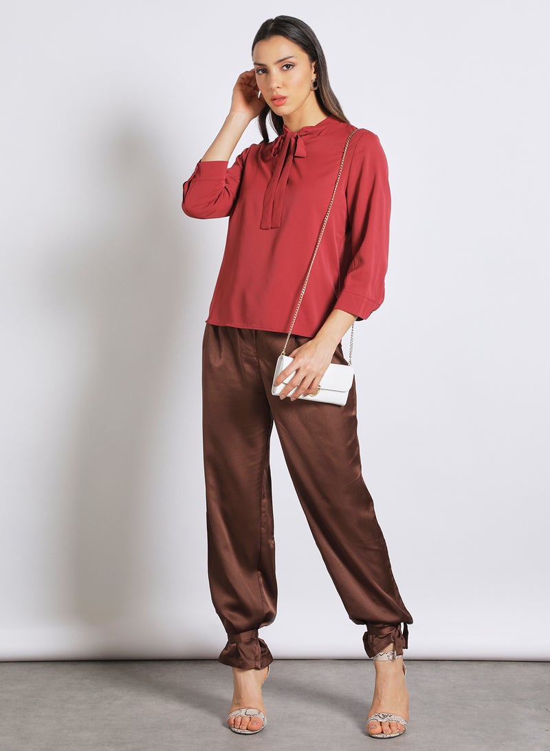 Aila Women's Casual Three Quarter Sleeves Blouse With Tie Detail At Collar Dark Red - Image 2