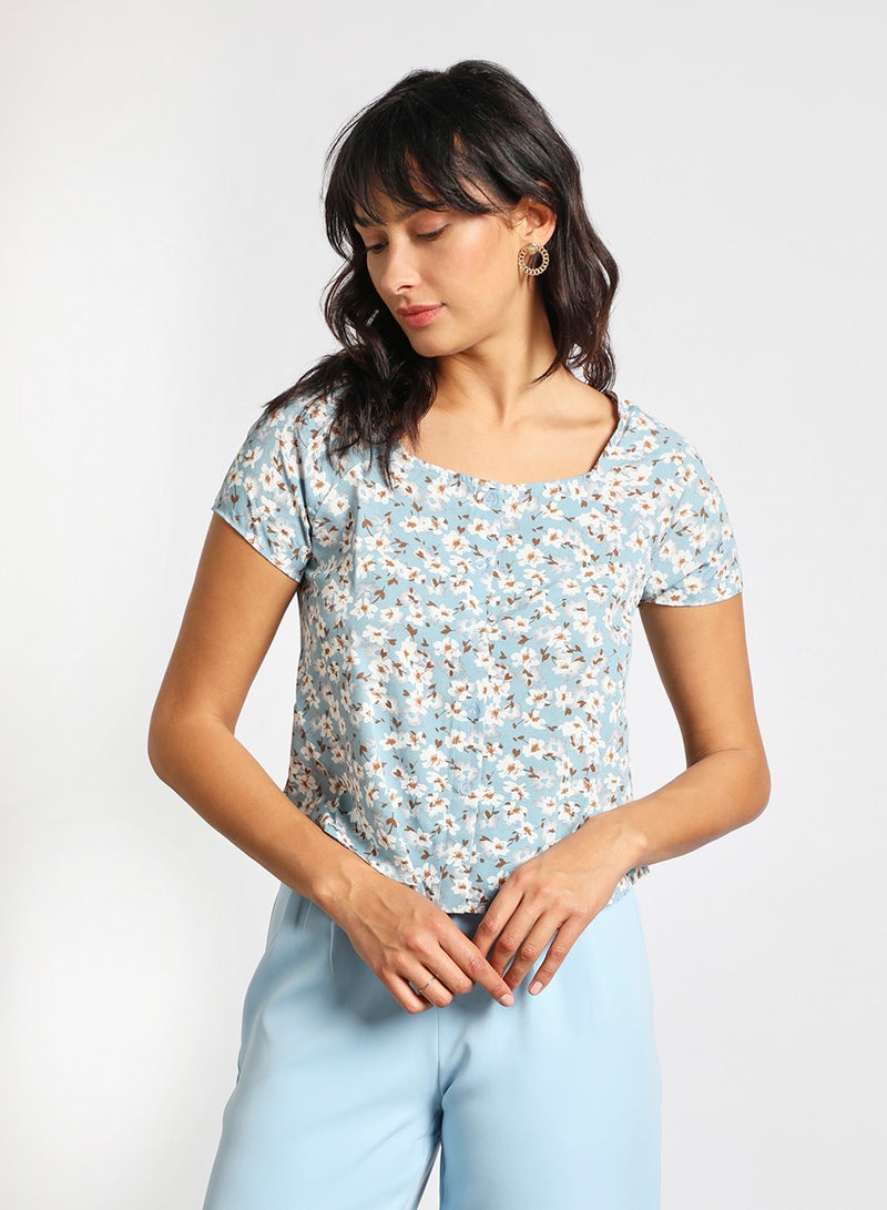 Aila Women's Casual Square Collar Short Sleeve Printed Top Blue Print  - Image 1