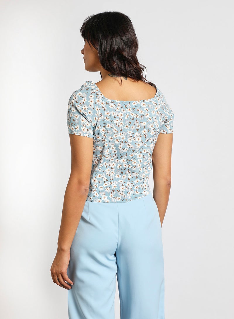 Aila Women's Casual Square Collar Short Sleeve Printed Top Blue Print  - Image 3