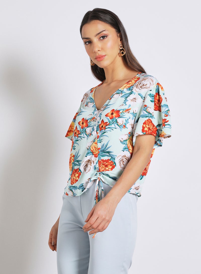 Aila Women's floral printed bell sleeve Tops with sherring Blue Print  - Image 1