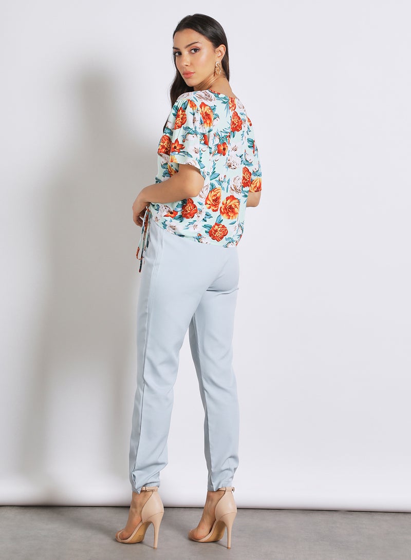 Aila Women's floral printed bell sleeve Tops with sherring Blue Print  - Image 3