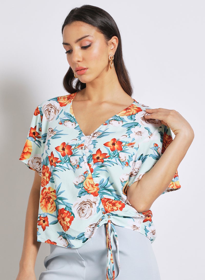 Aila Women's floral printed bell sleeve Tops with sherring Blue Print  - Image 4