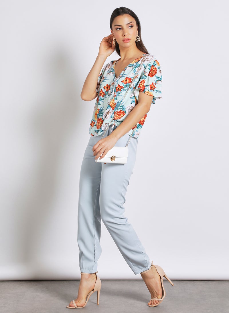 Aila Women's floral printed bell sleeve Tops with sherring Blue Print  - Image 2