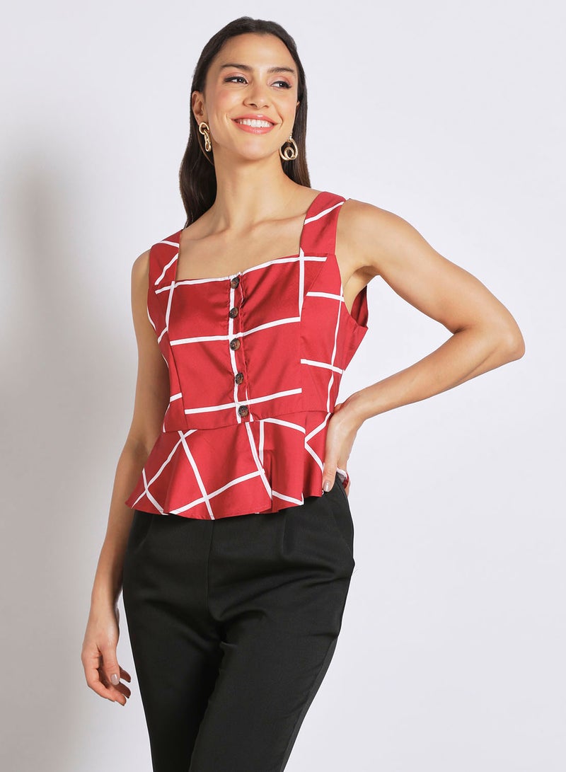 Aila Women's Casual Sleeveless Check Design Peplum Top Red  - Image 1