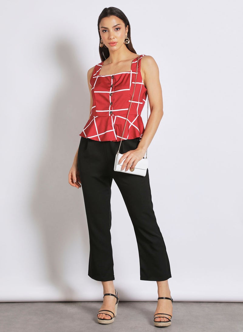 Aila Women's Casual Sleeveless Check Design Peplum Top Red  - Image 2