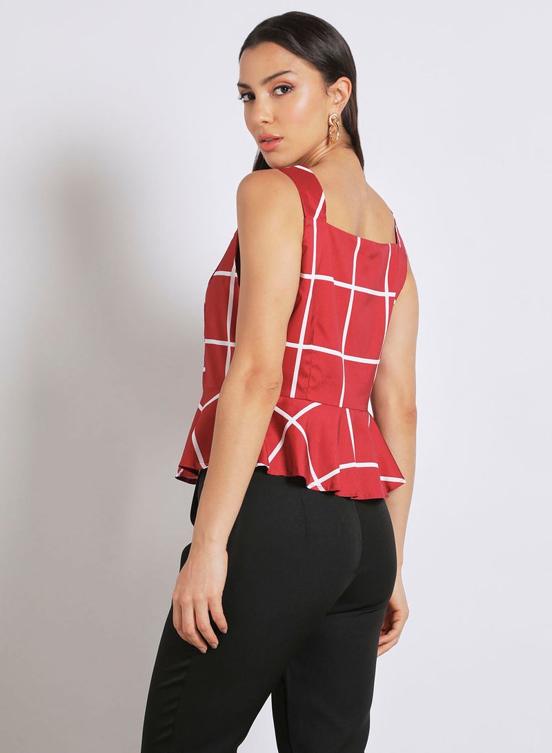 Aila Women's Casual Sleeveless Check Design Peplum Top Red  - Image 3