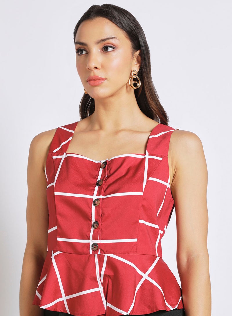 Aila Women's Casual Sleeveless Check Design Peplum Top Red  - Image 4
