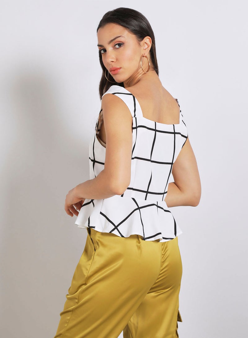 Aila Women's Casual Sleeveless Check Design Peplum Top White Check  - Image 3