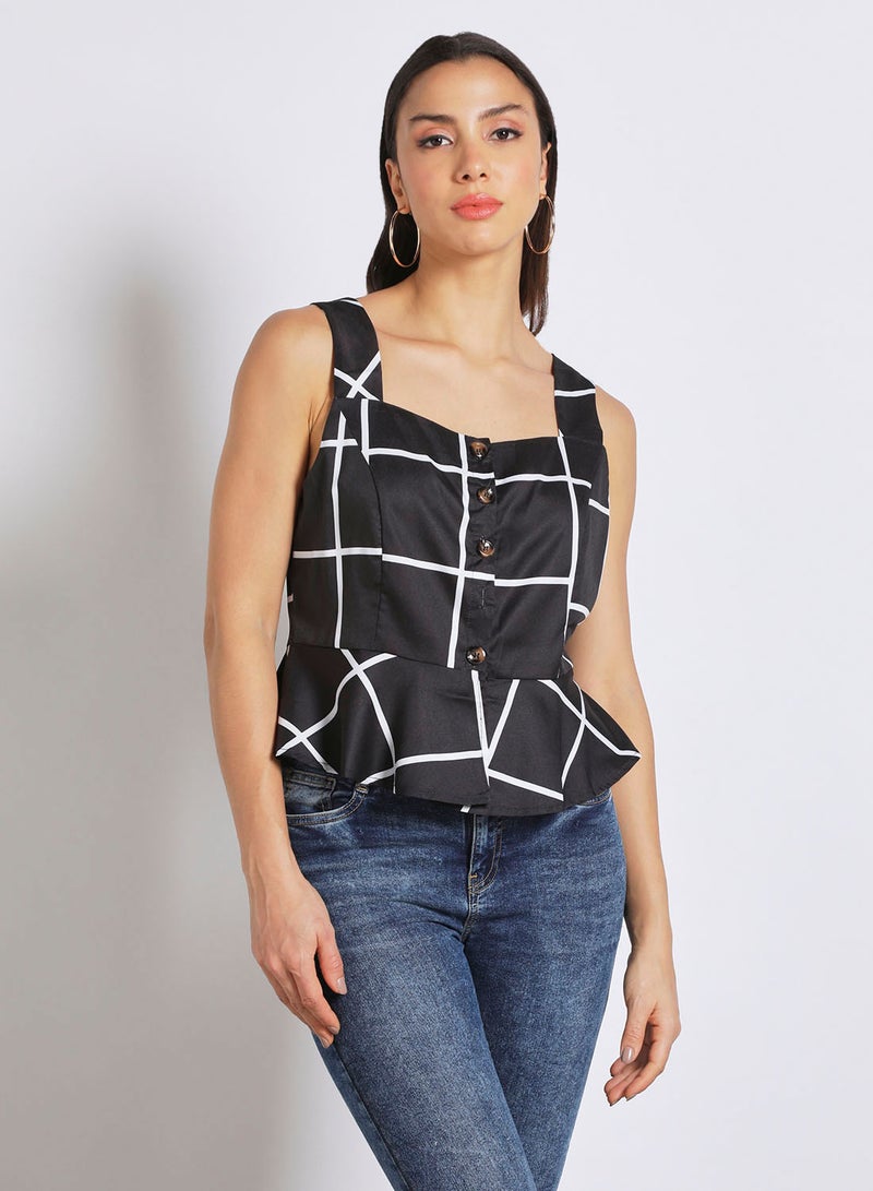 Aila Women's Casual Sleeveless Check Design Peplum Top Black  - Image 1