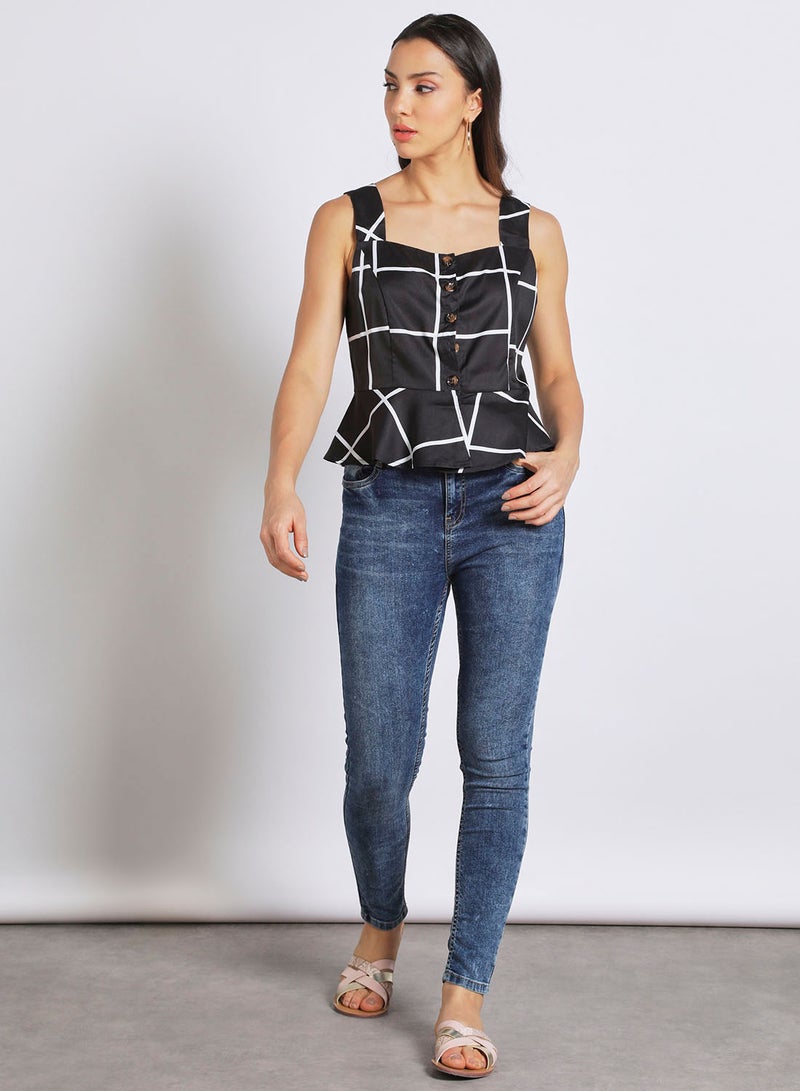Aila Women's Casual Sleeveless Check Design Peplum Top Black  - Image 2