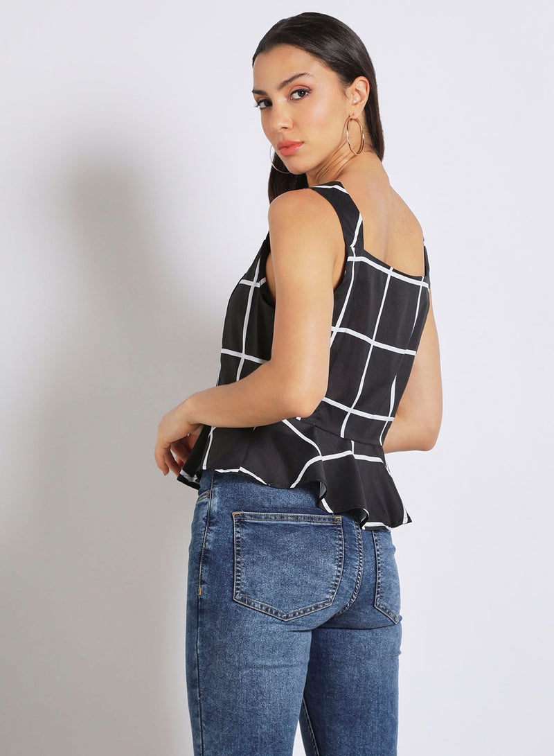 Aila Women's Casual Sleeveless Check Design Peplum Top Black  - Image 3