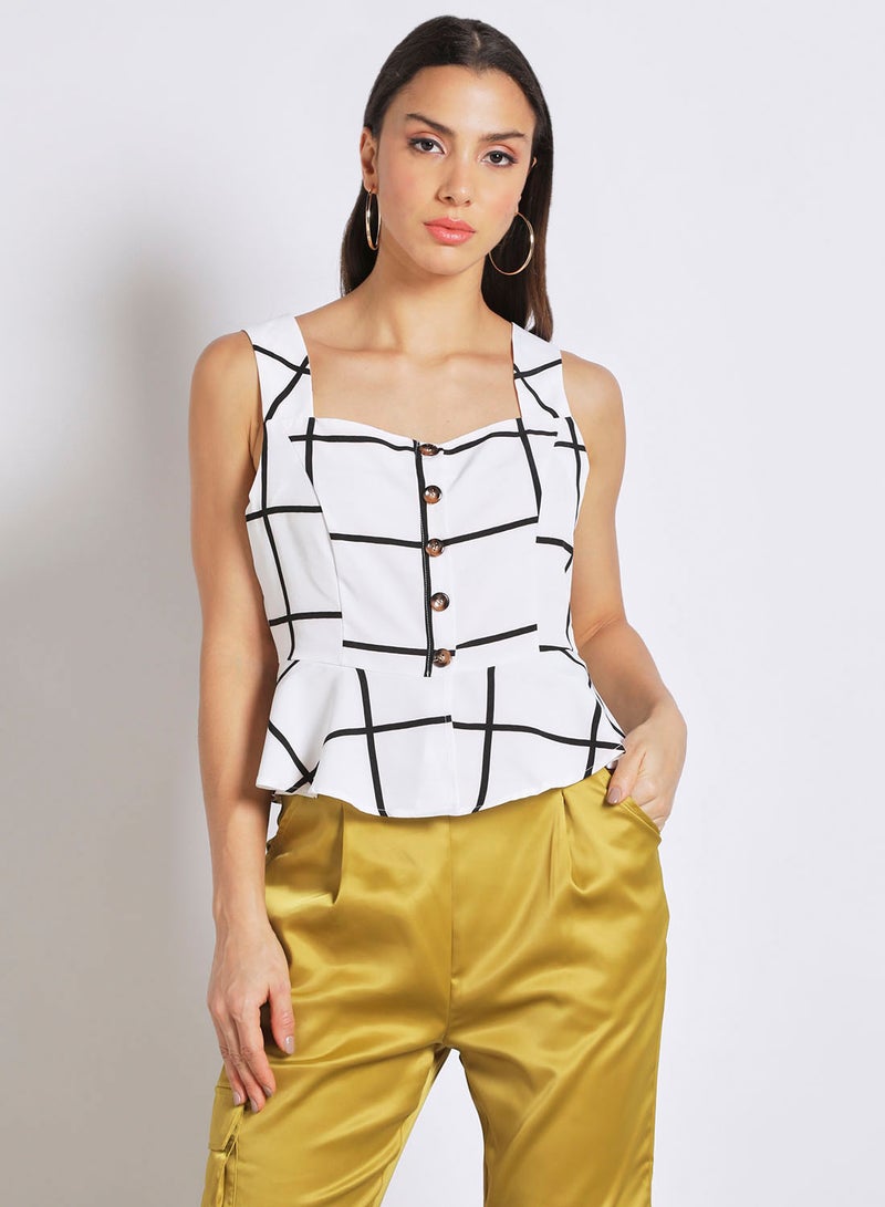Aila Women's Casual Sleeveless Check Design Peplum Top White Check  - Image 1