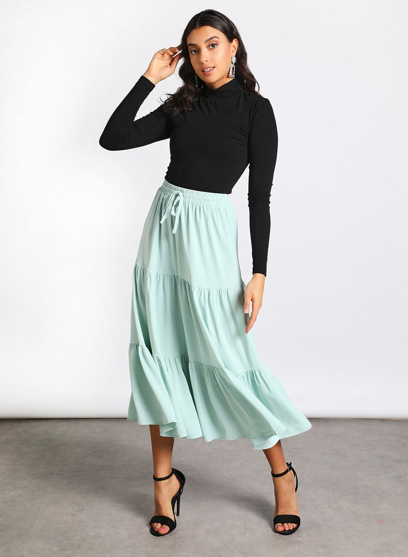 Aila - Women's Drawstring Waist Tiered Skirt Green - Image 1