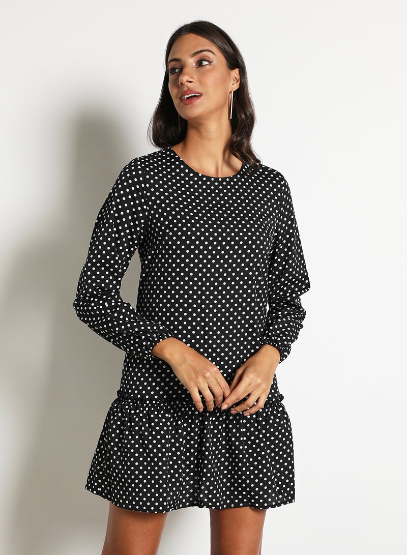 Aila Women's Dot Print Long Sleeve Falbala Bottom Hem Mini Dress Black  - Image 1