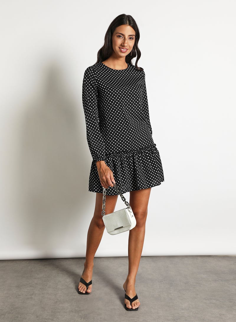 Aila Women's Dot Print Long Sleeve Falbala Bottom Hem Mini Dress Black  - Image 2