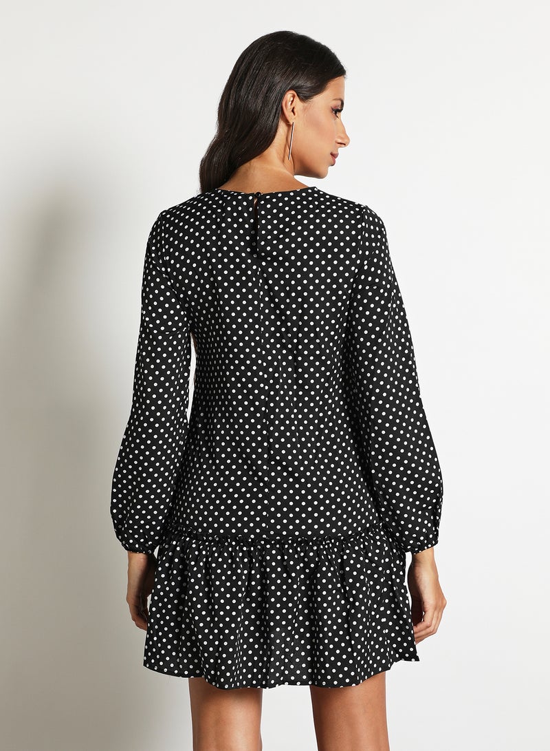 Aila Women's Dot Print Long Sleeve Falbala Bottom Hem Mini Dress Black  - Image 3