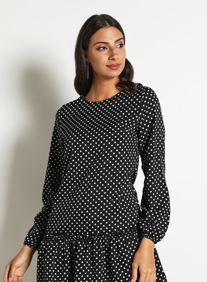 Aila Women's Dot Print Long Sleeve Falbala Bottom Hem Mini Dress Black  - Image 4