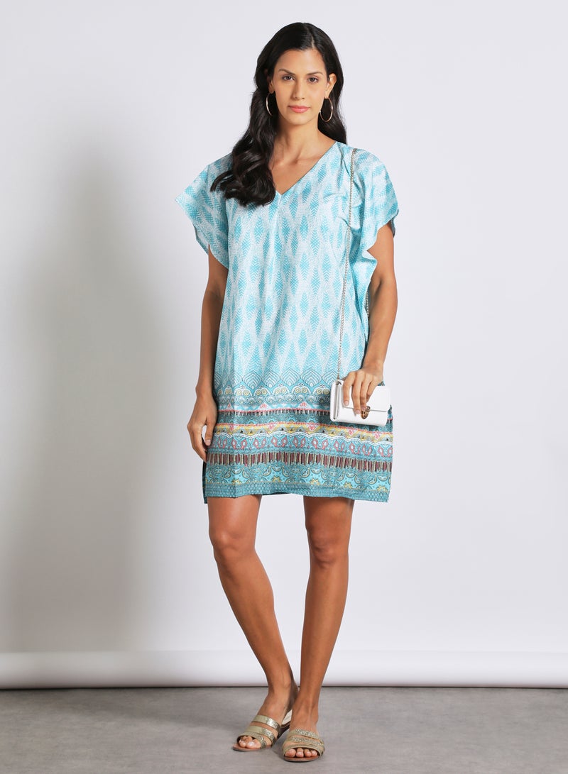 Aila stylish resort wear reglan sleeves v neck midi dress Light Blue  - Image 2