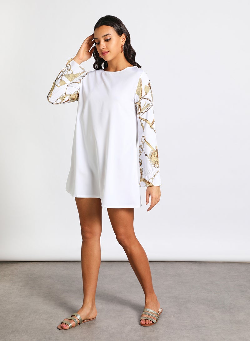 Aila - Women's Polyester Blend Long Sleeve Mini Dress With Boat Neck White/Brown - Image 1