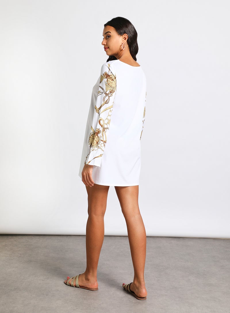 Aila - Women's Polyester Blend Long Sleeve Mini Dress With Boat Neck White/Brown - Image 1