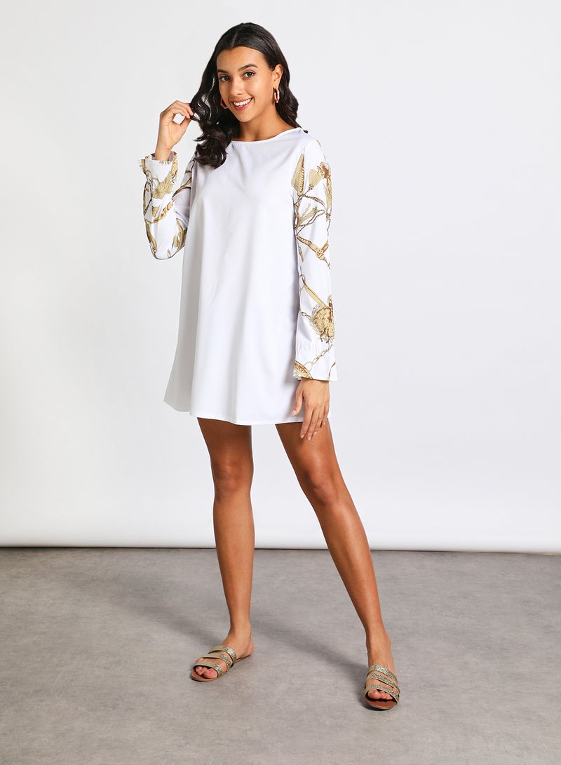 Aila - Women's Polyester Blend Long Sleeve Mini Dress With Boat Neck White/Brown - Image 1