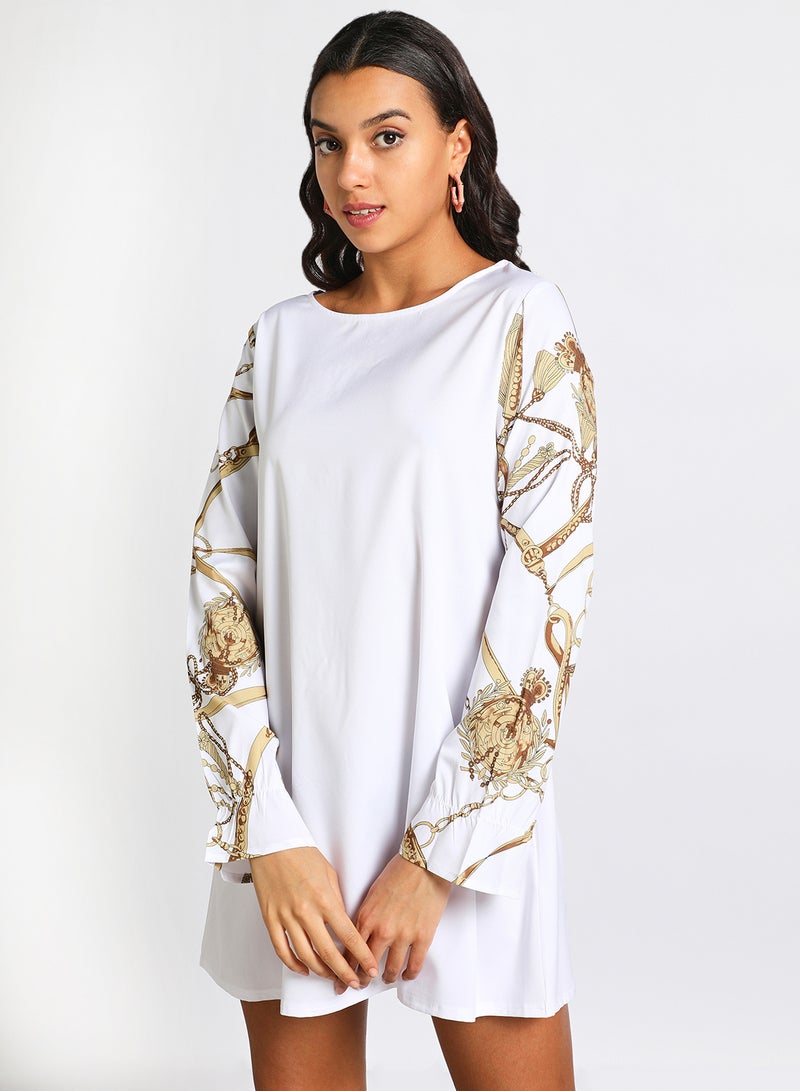 Aila - Women's Polyester Blend Long Sleeve Mini Dress With Boat Neck White/Brown - Image 1