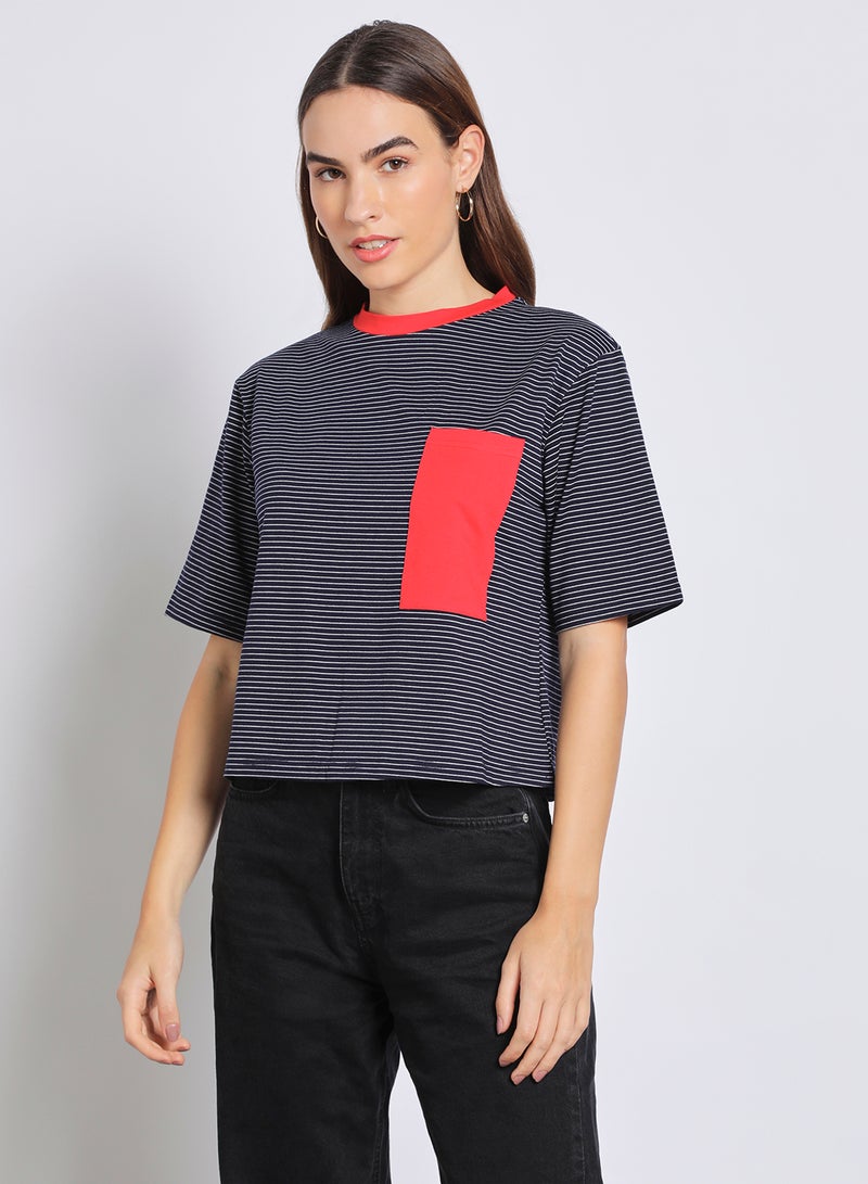 Aila - Women's Casual Short Sleeve Polyester Blend T-Shirt With Round Neck Stripes Design Navy/White/Red - Image 1