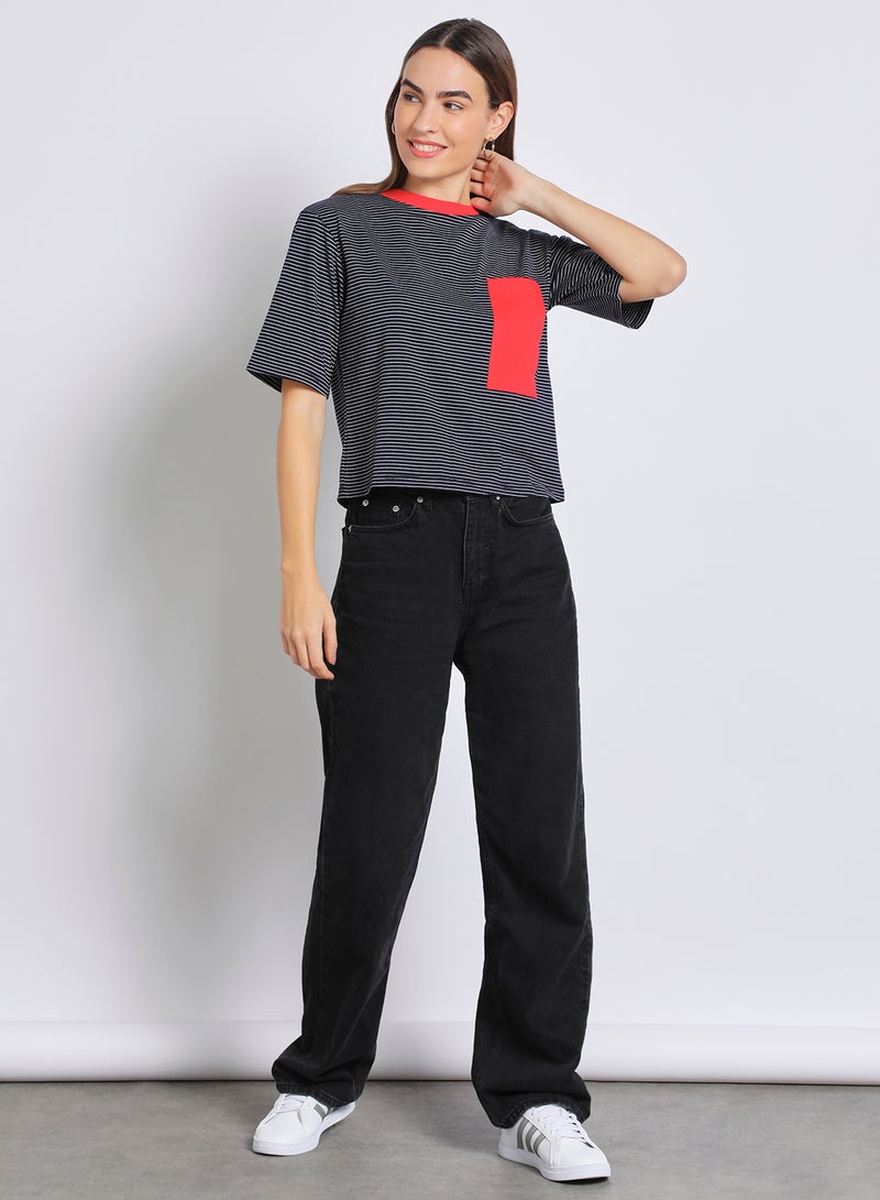 Aila - Women's Casual Short Sleeve Polyester Blend T-Shirt With Round Neck Stripes Design Navy/White/Red - Image 1