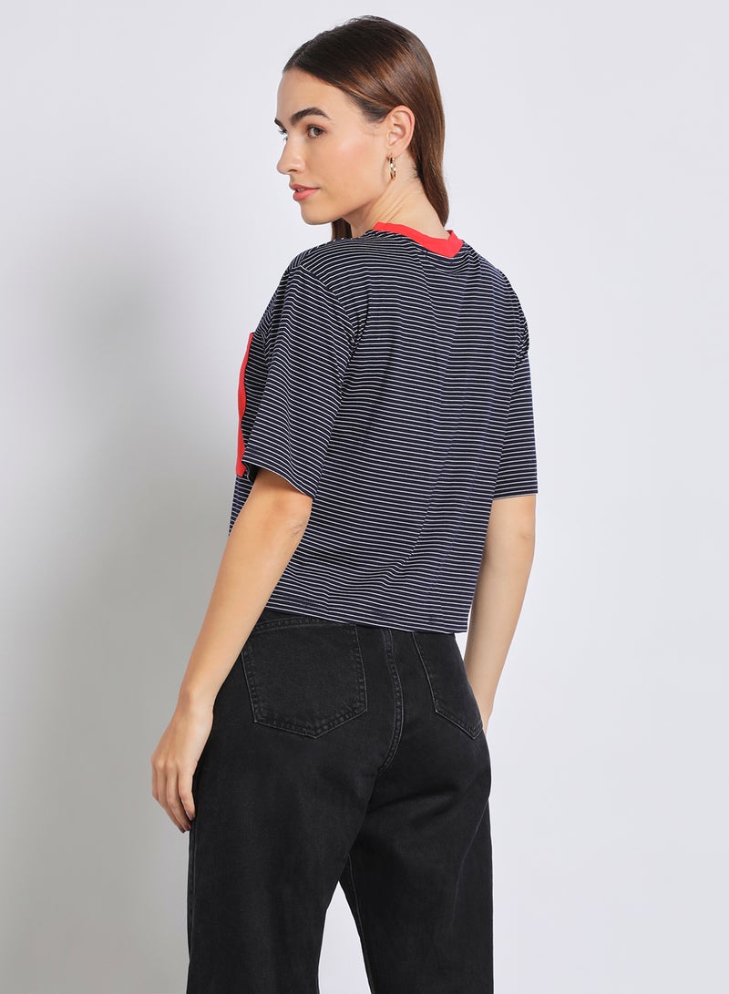 Aila - Women's Casual Short Sleeve Polyester Blend T-Shirt With Round Neck Stripes Design Navy/White/Red - Image 1