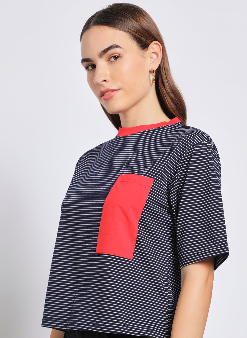 Aila - Women's Casual Short Sleeve Polyester Blend T-Shirt With Round Neck Stripes Design Navy/White/Red - Image 1