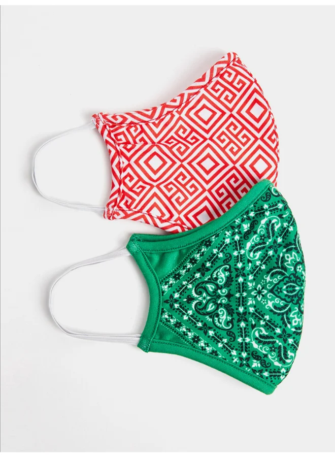 Closet By Styli 2 Pack Of Geo Floral Printed Facemask Red/White/Green