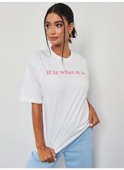 Closet By Styli Slogan Print Oversized T-Shirt White/Pink
