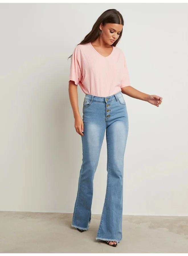 Closet By Styli Plain Boxy Ribbed T-Shirt Pink