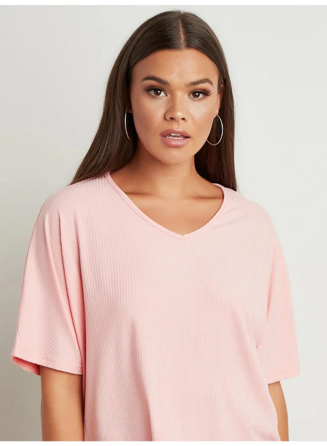 Closet By Styli Plain Boxy Ribbed T-Shirt Pink