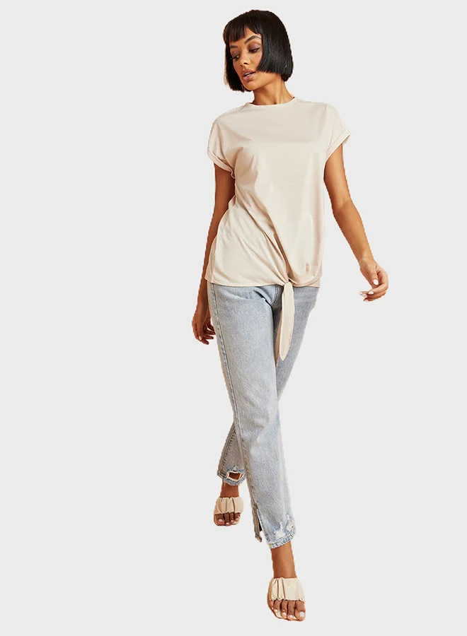Closet By Styli Tie Hem Detail T-Shirt Beige