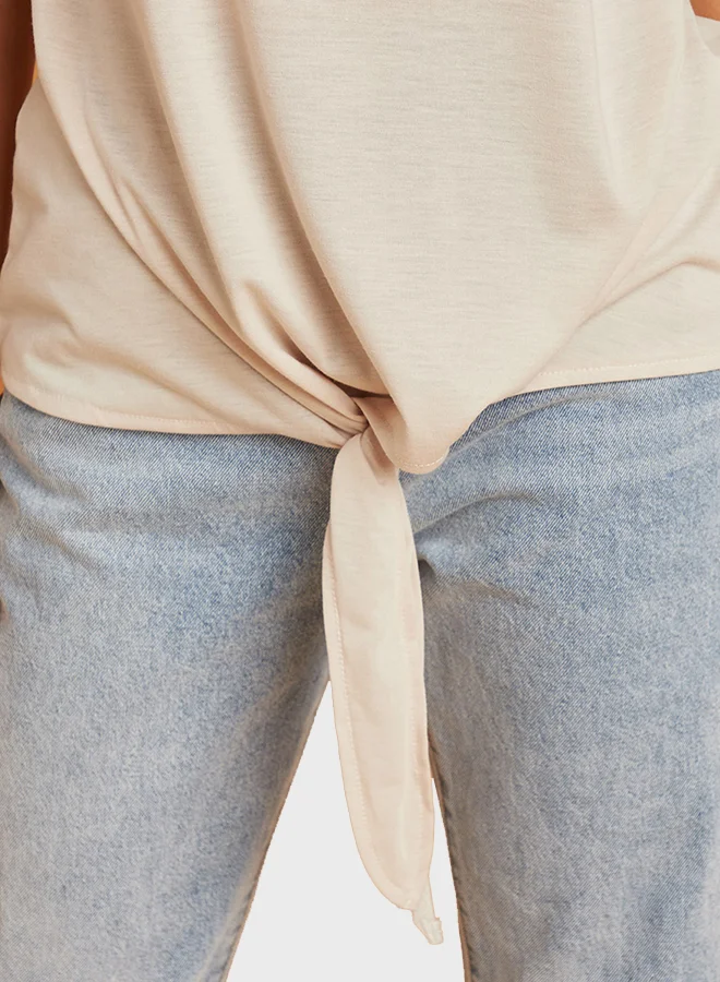 Closet By Styli Tie Hem Detail T-Shirt Beige